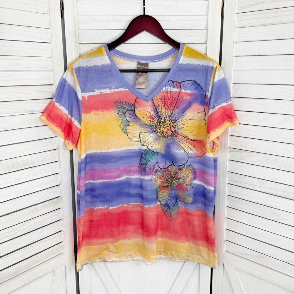 White Stag Ombre Striped Floral Studded Tee Shirt Purple Pink Yellow XXL - Picture 7 of 11